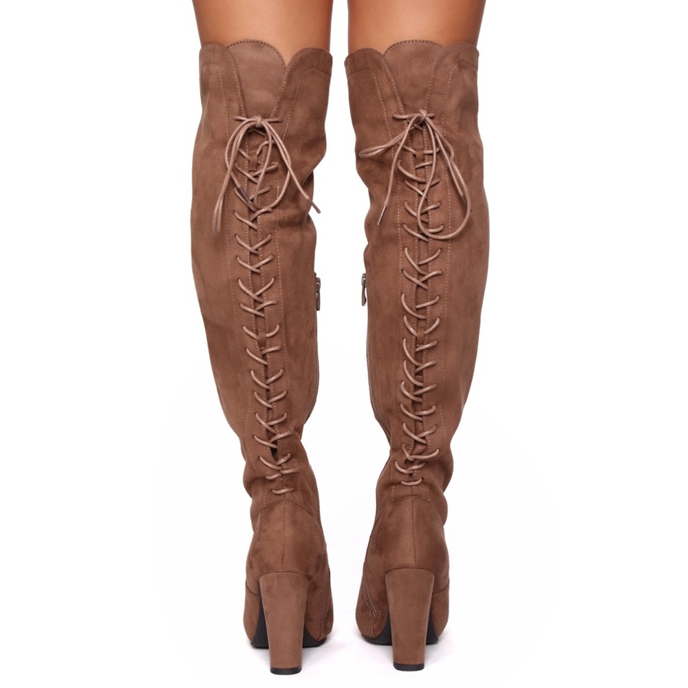 Fashion Nova Brown Suede Over The Knee Lace Up Boot Block Heel Zola Vonnie Boot - Picture 4 of 16